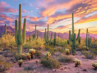 Stunning sunset over a desert landscape with tall cacti and vibrant skies, capturing the beauty of the natural scenery and golden hour.