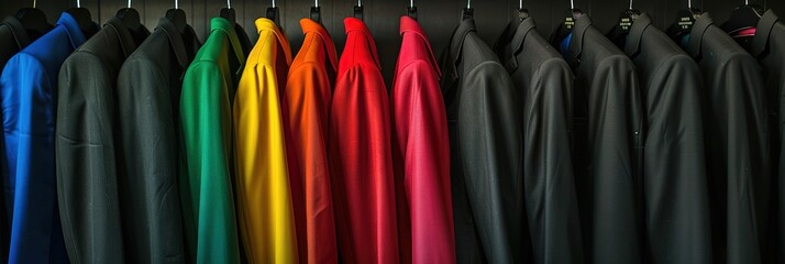 many black and colorful business suits hanging on clothing rack, 