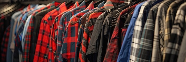 Obraz premium flannel shirts hanging on clothing rack in modern clothing store