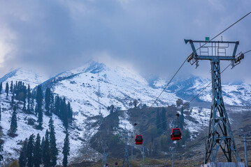 View of Apharwat Peak from Gulmarg Gondola ropeway at Kongdoori, Gulmarg, Jammu and Kashmir, India. Gulmarg Gondola is one of the highest in the world reaching 3,979 metres above sea level.