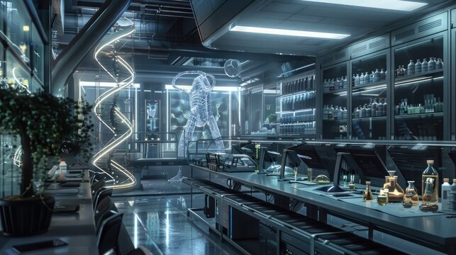 A futuristic lab with a focus on genetic research and advanced cloning technology.