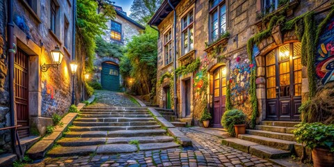 Fototapeta premium Stone Steps Leading to a Mysterious Doorway in a Picturesque European Alley, architecture, old town, historical, vintage, cobblestone , stone