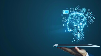 Digital Visionary HumanAI Interface on Tablet Futuristic Technology Concept with Glowing Icon and Speech Bubbles on Deep Blue Background