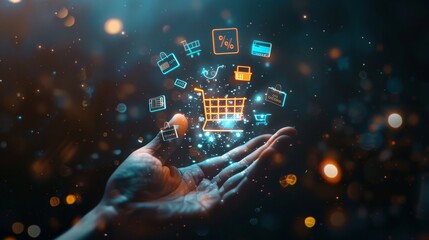 Glowing ECommerce Revolution Futuristic Shopping Cart in Hand with Digital Icons on Dark Background