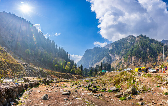Serene Landscape of Chandanwadi near Phalgam town in Anantnag district of Jammu and Kashmir, India. Chandanwadi is starting point Amarnath holy cave pilgrimage and popular tourist destination.