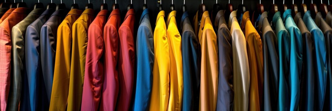 colorful suits hanging on clothing rack in modern clothing store,
