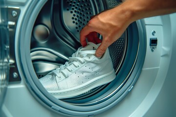 Close-up of a hand placing a white sneaker into a washing machine drum, illustrating the process of cleaning shoes. The modern washing machine and bright sneaker emphasize cleanliness and convenience.