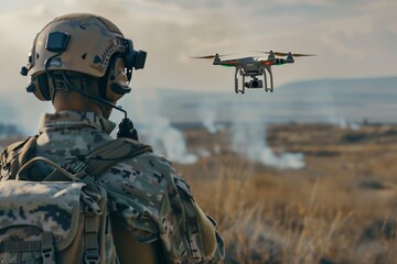 Military soldier controls drone for reconnaissance opera