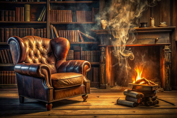 Cozy, dimly lit philosopher's study with worn leather armchair, scattered parchment, and a smoldering log emitting wisps of smoke, evoking contemplation of warmth's essence.