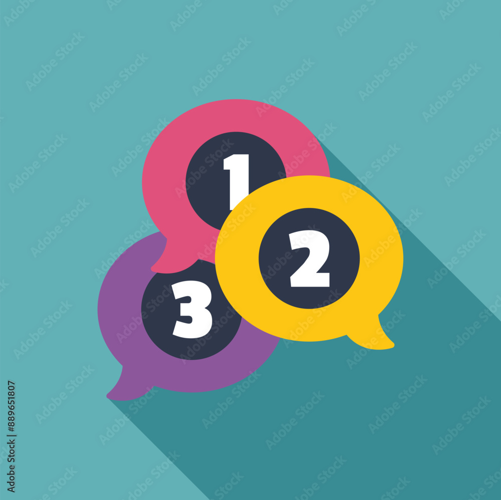 Poster colorful speech bubbles containing numbers one, two and three representing a step by step strategy