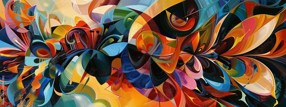Poster abstract art featuring geometric shapes and vibrant colors, creating a dynamic and visually striking