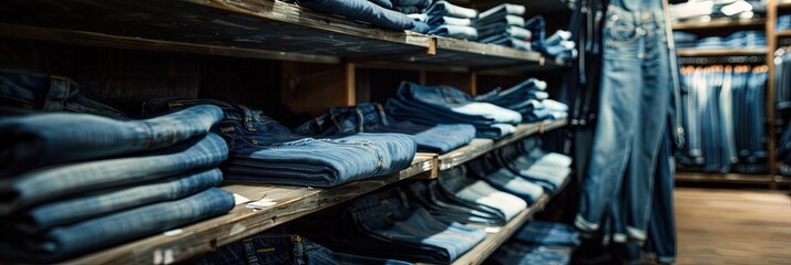 denim blue jeans on shelf of clothing store,