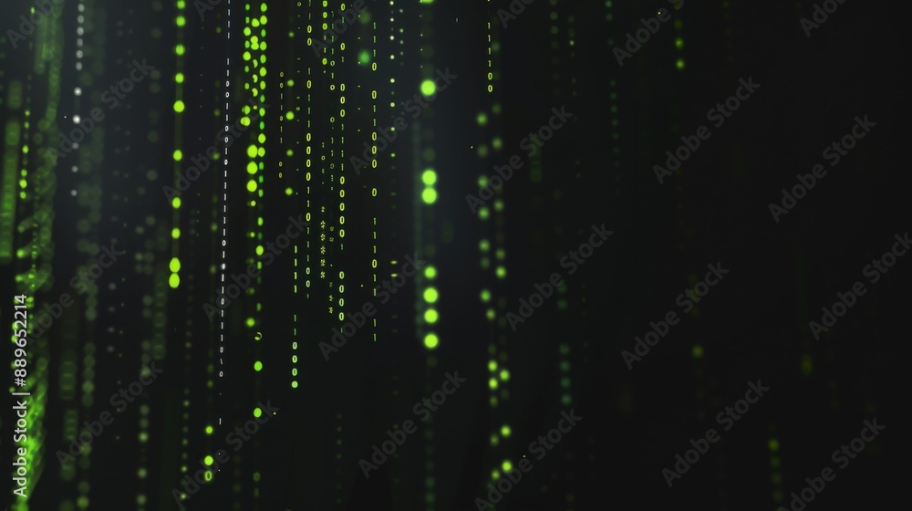 Poster A dark background with multiple vertical lines of green binary code raining down, creating a futuristic or digital aesthetic.