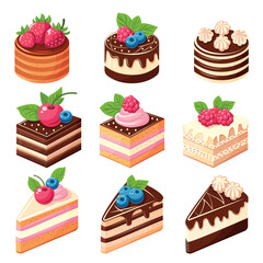 Vector Set of nine different types of cakes with berries on top. Chocolate, vanilla and honey cakes covered with white icing, cream and chocolate.