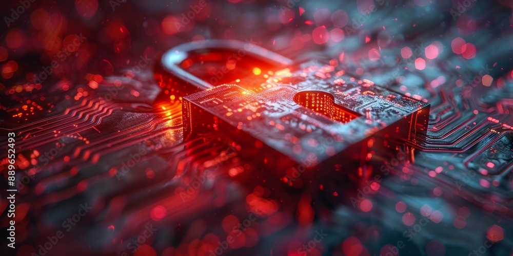 Poster digital padlock with circuit board background, symbolizing secure technology, cybersecurity concept