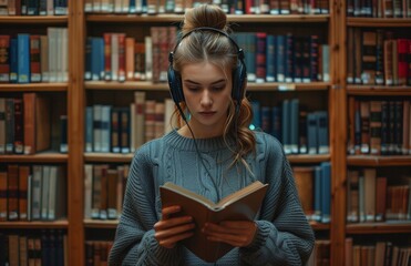 Young woman in headphones standing between bookshelves, reading books at a university library, focused and engaged