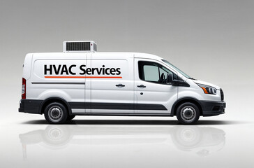 A white HVAC truck adorned with the HVAC Services logo, and it has a large air conditioning unit on its roof.