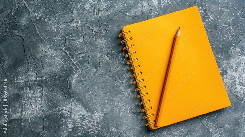 Poster notebook with pencil on gray background in top view spiral school notebooks and flat lay office note