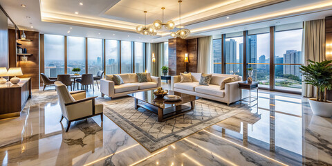 Fototapeta premium Soft focus luxurious apartment interior with marble floors, lavish furnishings, and floor-to-ceiling windows offering a sleek modern lifestyle ambiance for e-commerce backgrounds.
