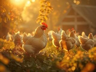 Chickens in a sunlit farmyard at dawn, showcasing a serene and picturesque rural setting bathed in warm, golden light.