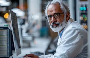A senior male scientist in a hightech lab, in a white lab coat, using a computer