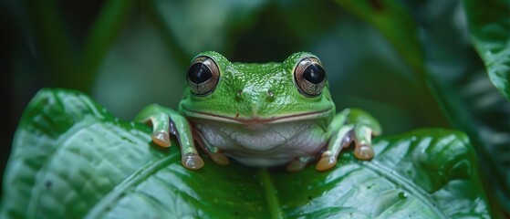 Obraz premium Close-up of a green frog sitting on a leaf in a lush environment, showcasing the details of its natural habitat.