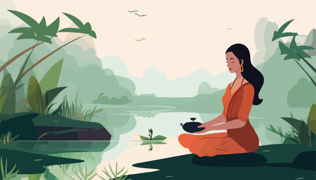 Young woman sitting on the river bank and drinking tea. Vector illustration.