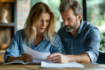 Concerned couple reviewing legal documents. Perfect for illustrating divorce discussions with a divorce lawyer, legal consultations, and online articles related to divorce and family law.