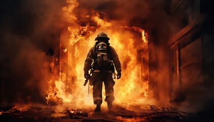 Firefighter Battling Blaze at Nighttime