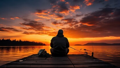 Fishing at Sunset by Lake