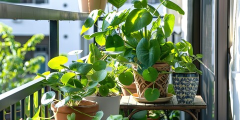 balcony with potted chinese money plants