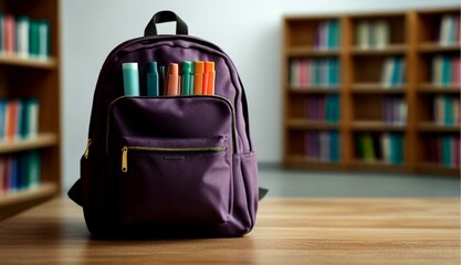 School Bag with Stationery and Notebooks in Front of Shelves with Books in a Library - Back to School Concept