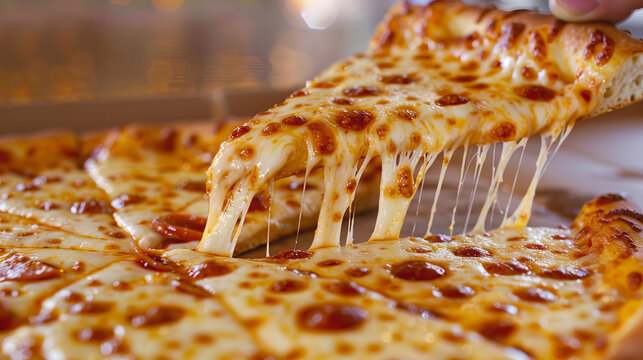 Stretch a slice of pizza upward, holding it by the cheesy part.