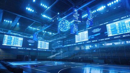 Fototapeta premium A futuristic sports arena with advanced holographic displays and floating scoreboards.