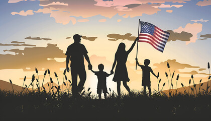 Happy family waving USA american flag