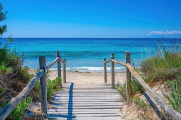 Obraz premium A scenic wooden walkway leads to a serene beach with clear blue waters and a bright sky, perfect for a relaxing summer getaway.