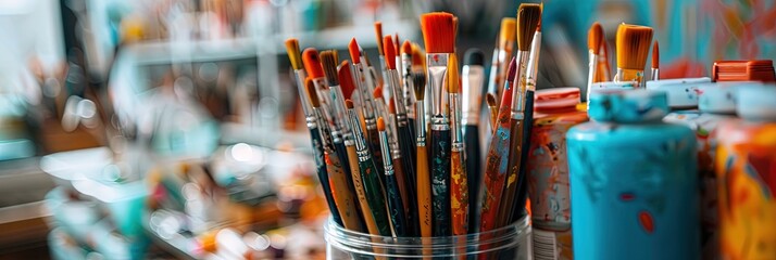  large assortment of art supplies in the art store - paints, brushes, and more for the professional or hobbyist artist on display in a studio/retail space