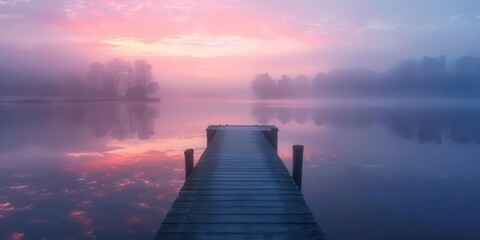 Obraz premium Serene sunrise over a misty lake with a wooden pier extending into the calm water, reflecting soft pastel colors of dawn in the tranquil scene.