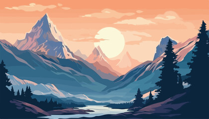 Mountain landscape with river, forest and sunset. Vector illustration.