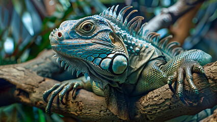 Fototapeta premium The green iguana is also known as a large arboreal lizard of iguana genus resting on branch with his paw dangling. Selective focus. Cloce up. Generative AI