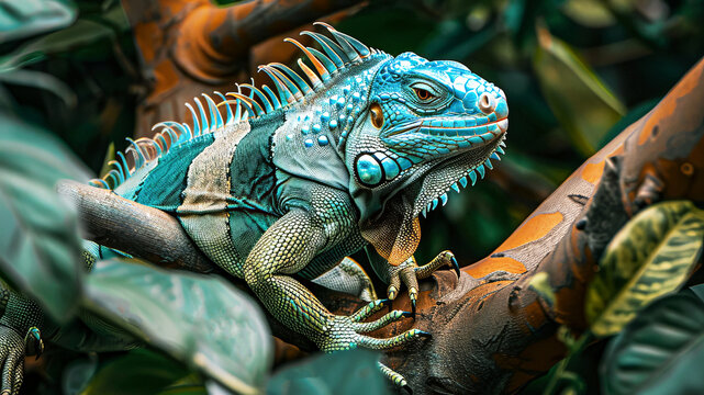 The green iguana is also known as a large arboreal lizard of iguana genus resting on branch with his paw dangling. Selective focus. Cloce up. Generative AI