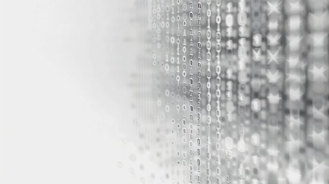 A close-up view of abstract binary code, with a blurred, grayscale background.