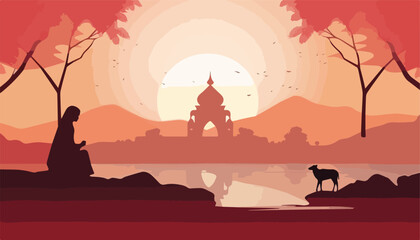 Buddhist temple at sunset. Vector illustration in flat style.