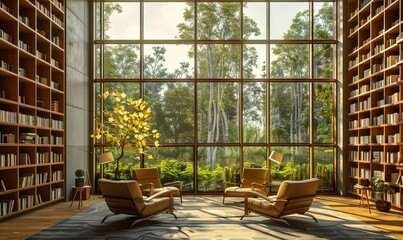 Library reading room with large windows and comfortable armchairs