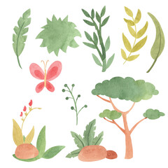 Obraz premium Watercolor jungle tropical trees leaves, bush and monstera illustration clipart. Isolated on transparent background