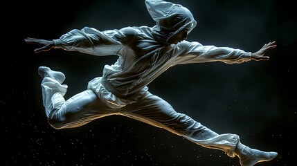 Obraz premium person in mid-air, wearing flowing white clothing with a hood, dark background