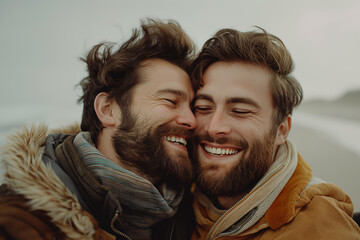 Joyful gay couple on a beach outing. Capturing genuine happiness sharing an affectionate moment. Ideal for promoting love, relationships, well-being, and travel in marketing materials