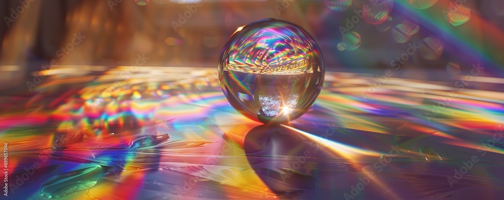 Poster light spills from a prism onto a prism ball, creating a mesmerizing vortex of rainbows