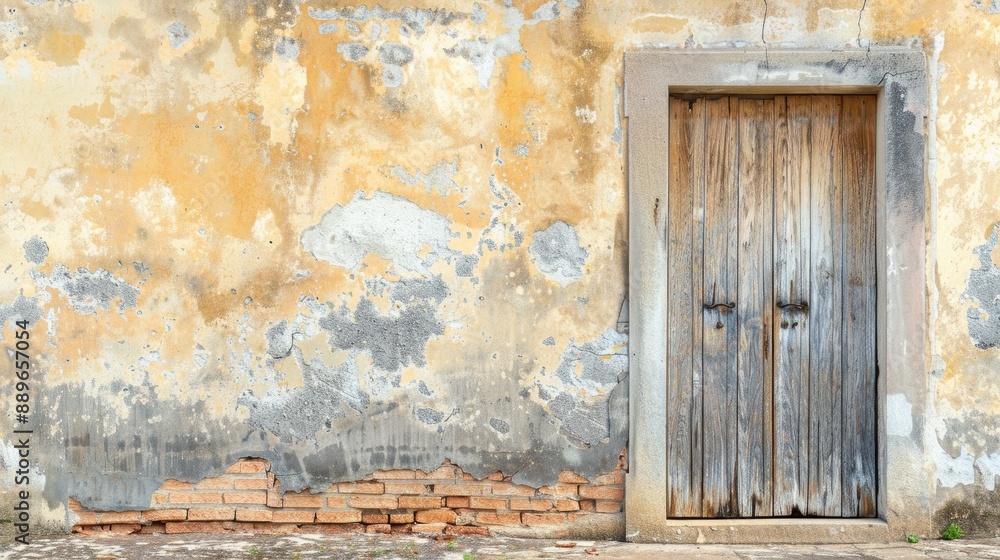 Poster aged wooden door and weathered wall with space for text