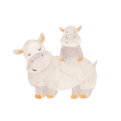 Hippo mother with baby - watercolor illustration on transparent background